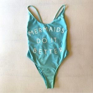 Light Blue “Mermaids Do It Better” Criss Cross High Legged Cut Swimsuit